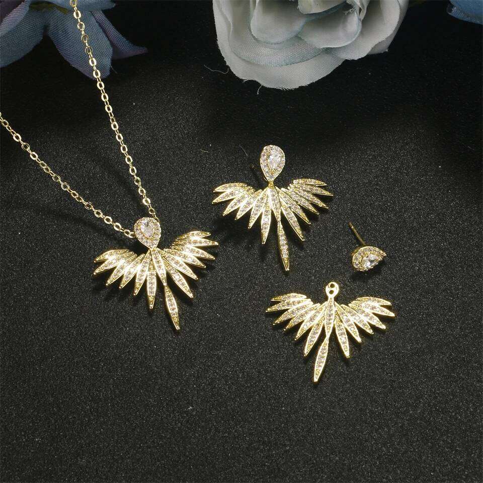 ZAKOL Vintage Full Micro-intact Zircon Feather Wing-shaped Earring Necklaces for Women Ins Trendy Aesthetic Bridal Accessories