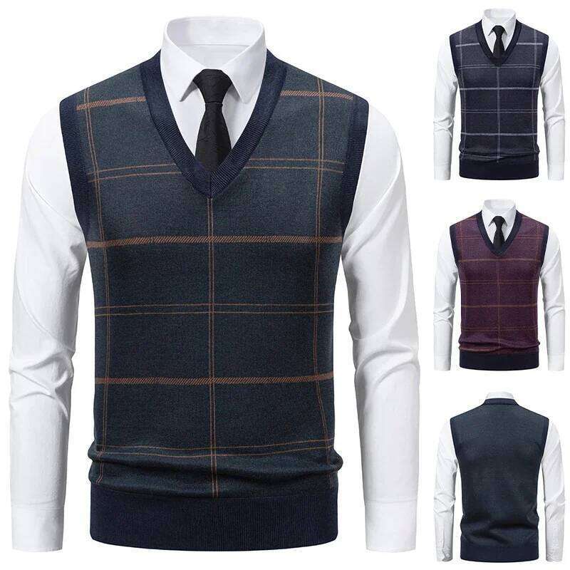 Men's V-Neck Knitted Sweater Warm Autumn Winter 2025 Casual Fashion Diamond Grid Twisted Flower Design Versatile Top