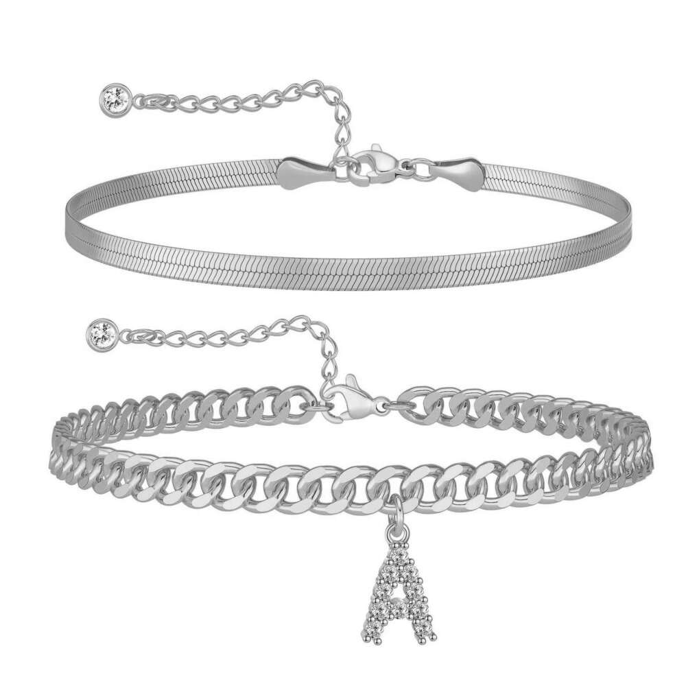Cross-Border New Style Diamond-Studded 26 Letter Magic Chain Two-Piece Set Stainless Steel Bone Flat Snake Blade Anklet