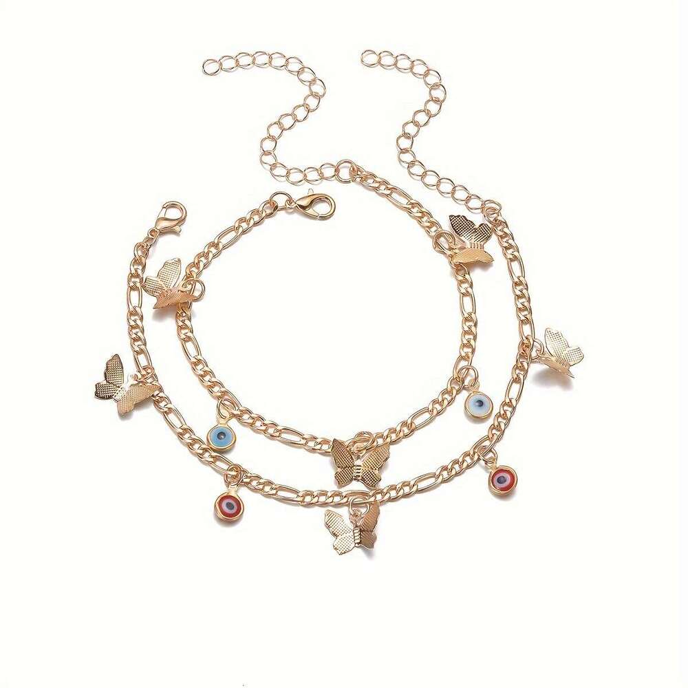 Classic Butterfly Pendant Devil's Eye Tassel Decorative Anklet Bohemian Style Double Layer Stacked Foot Jewelry Personalized