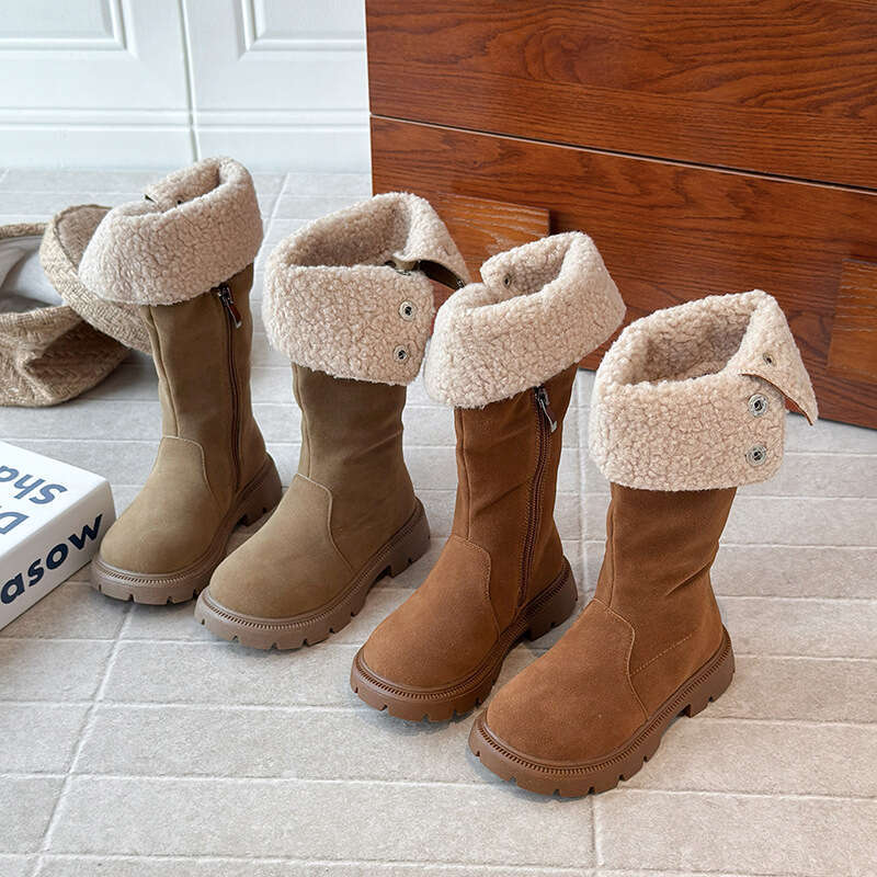 INS Fleece-Lined Long 2025 Autumn Winter New Korean Style Girls' Melad Cuffed High Warm Cotton Boots