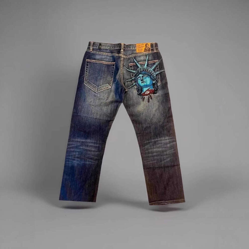 2025 New European American Cross-Border Statue of Liberty Vintage Washed Jeans for Men and Women Trendy Straight-Leg Pants
