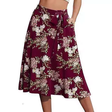 Women's A-Line Cake Waist Casual Midi Draped Elastic Flared Drawstring Fringe Hem Punk Vintage for Casual Wear Printed Pocket