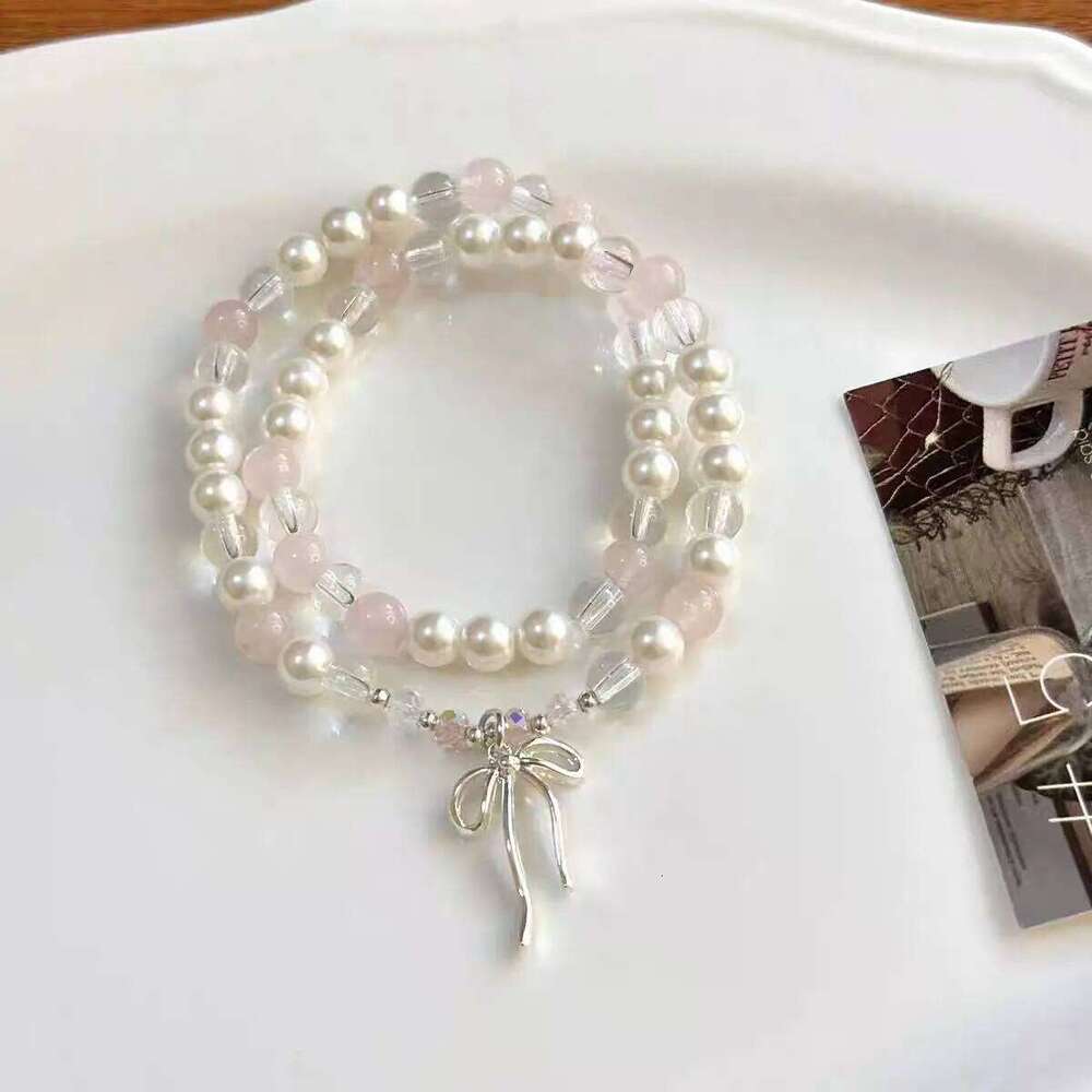 Cute Pink Beaded Imitation Pearl Bracelet For Women Girl Elegant Y2k Sweet Korean Charm Bowknot Bow Jewelry Party Gifts 25H1229