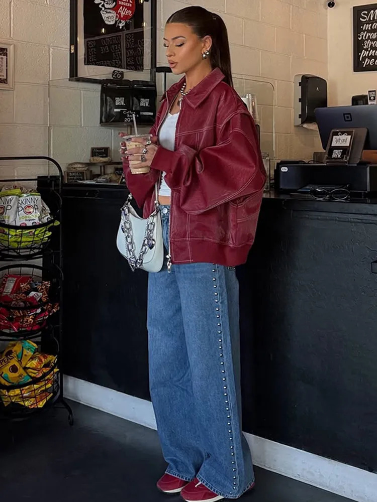 Red Oversized Leather Jacket Vintage Womens Lapel Zipper Elastic Hem Full Sleeve Loose Bomber Coat Lady Daily Commute Outerwear 251225