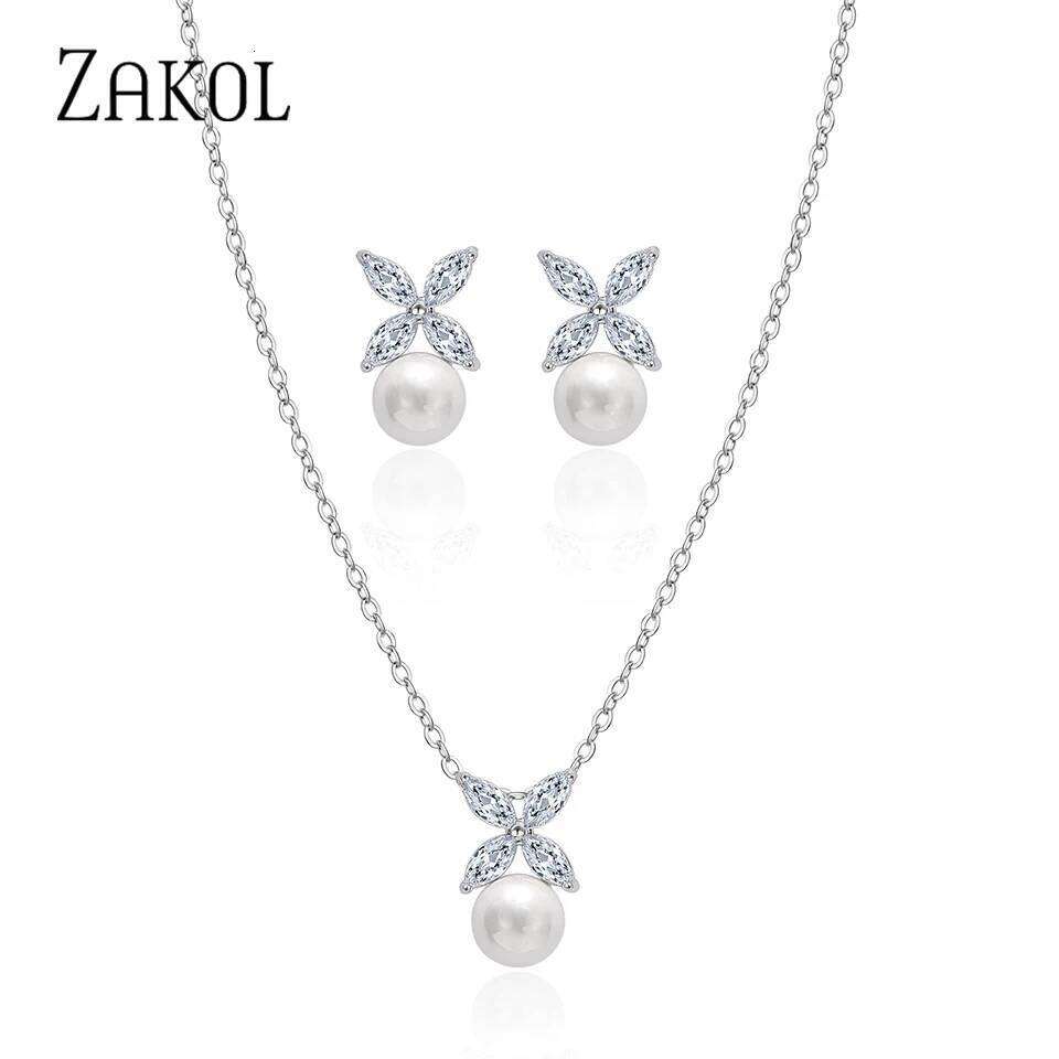 ZAKOL 2 Pcs Simple Marquise Zircon Pearl Stud Earrings Necklace Sets for Women Charm Jewelry Gift Wholesale