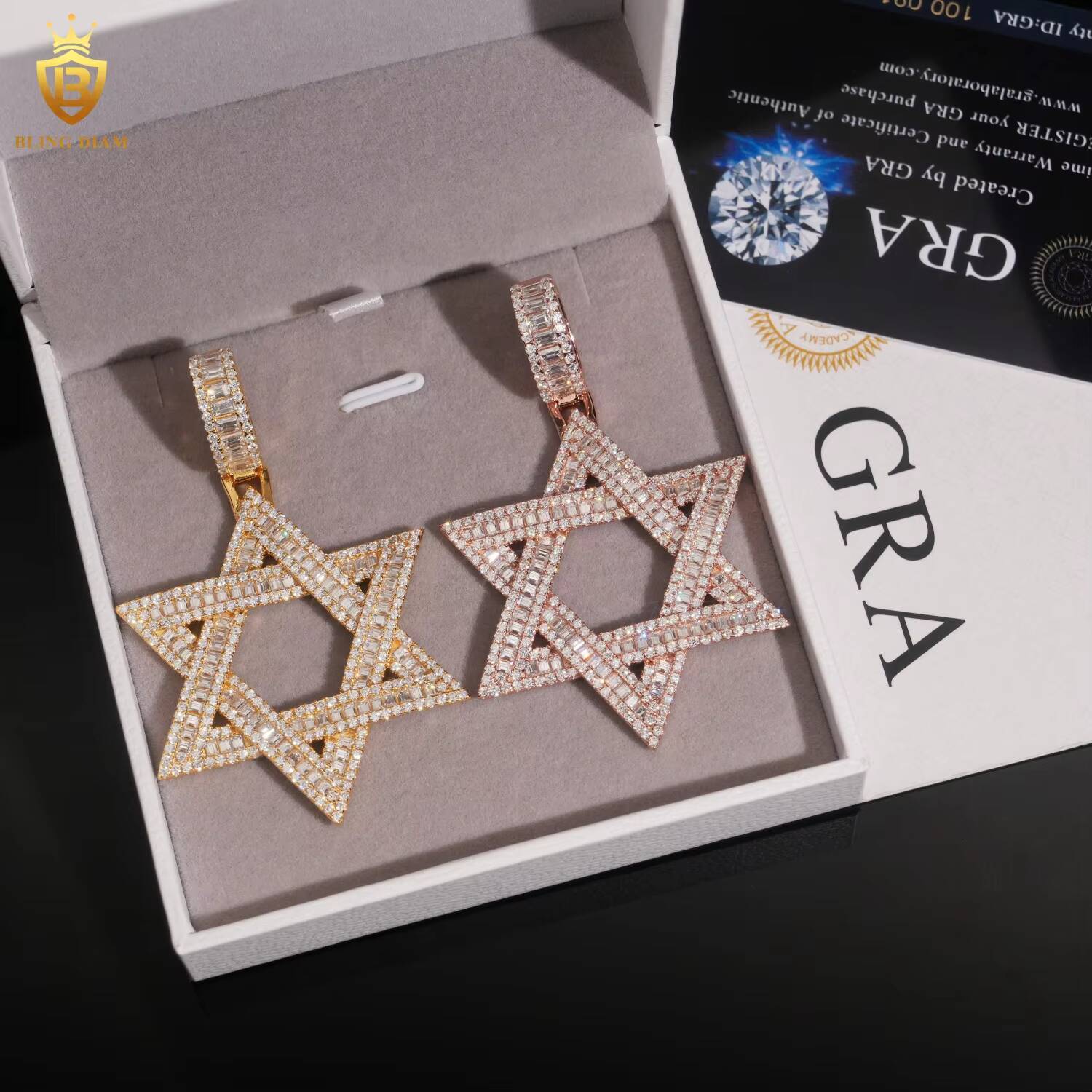 Hip Hop Moissanite Jewelry Hexagram Charm Pendant Solid 925 Silver Baguette Cut Moissanite Pendant Jewelry Iced Out Pendant GRA