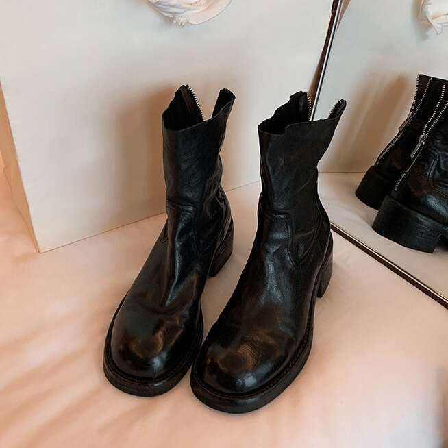 Winter New Huizhou Martin for Women Retro Heel Thick Sole Slim Washed Horse Leather Pattern Short Warm Women's Boots