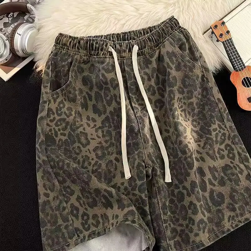 American Retro Leopard Print Casual Shorts Male Trendy Hip-Hop Street Loose Straight-leg Fifth Jeans Drawstring Pocket Shorts 251223