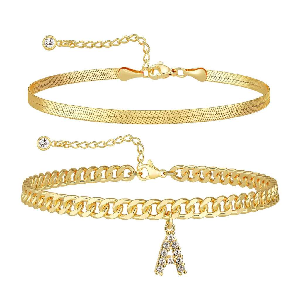 Cross-Border New Style Diamond-Studded 26 Letter Magic Chain Two-Piece Set Stainless Steel Bone Flat Snake Blade Anklet
