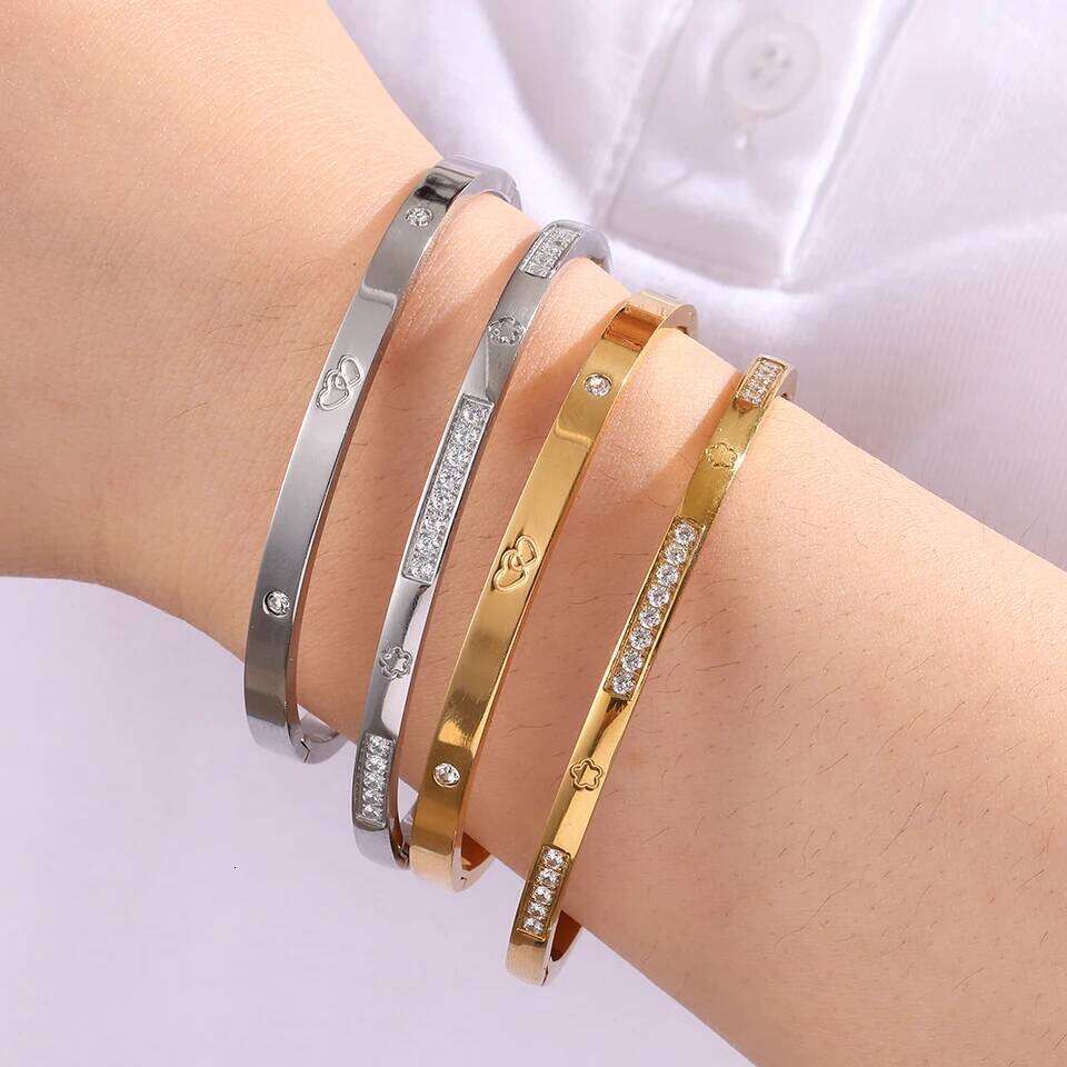 ZAKOL 4Pcs Stainless Steel Zircon Inlaid Bracelets for Women Exquisite Heart Flowers Minimalist Waterproof Stacked Bracelet Gift