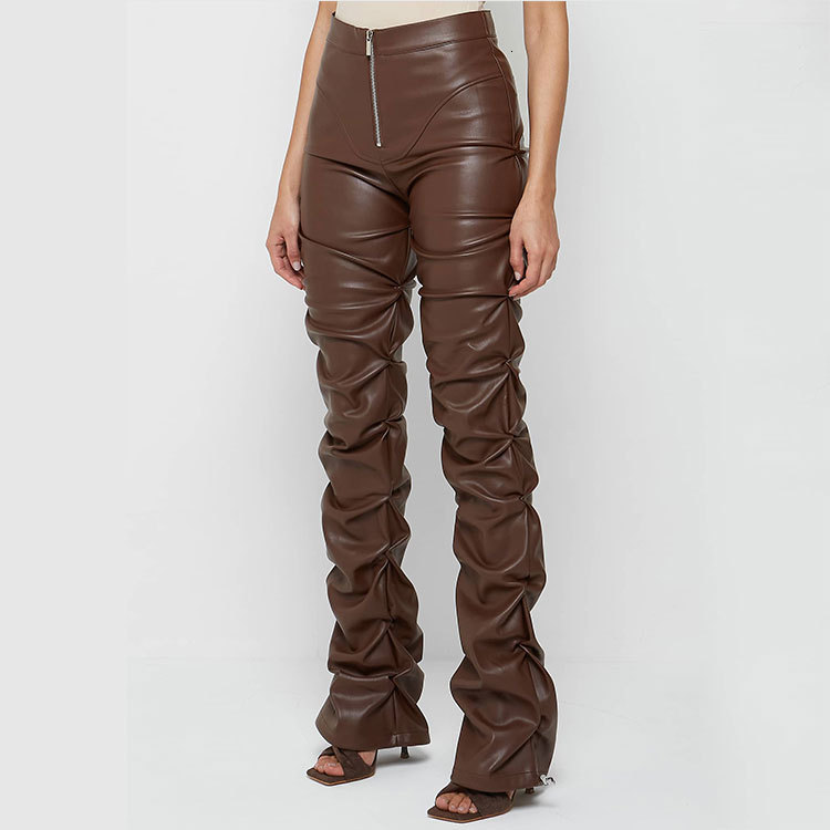 Womens Fashion Tight PU Leather Pants Unique Folded Flared Pants for Women All Seasons Style CX200804
