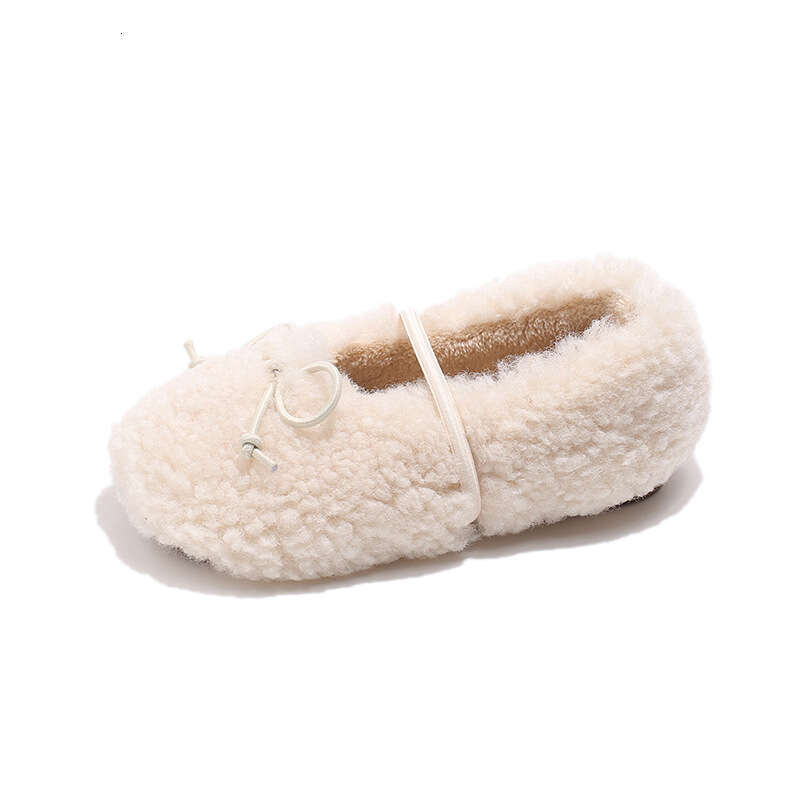 Girls' Cotton 2025 Autumn Winter New Korean Style Solid Color Bowknot Furry Shoes Lightweight Children's Fleece-Lined Loafers
