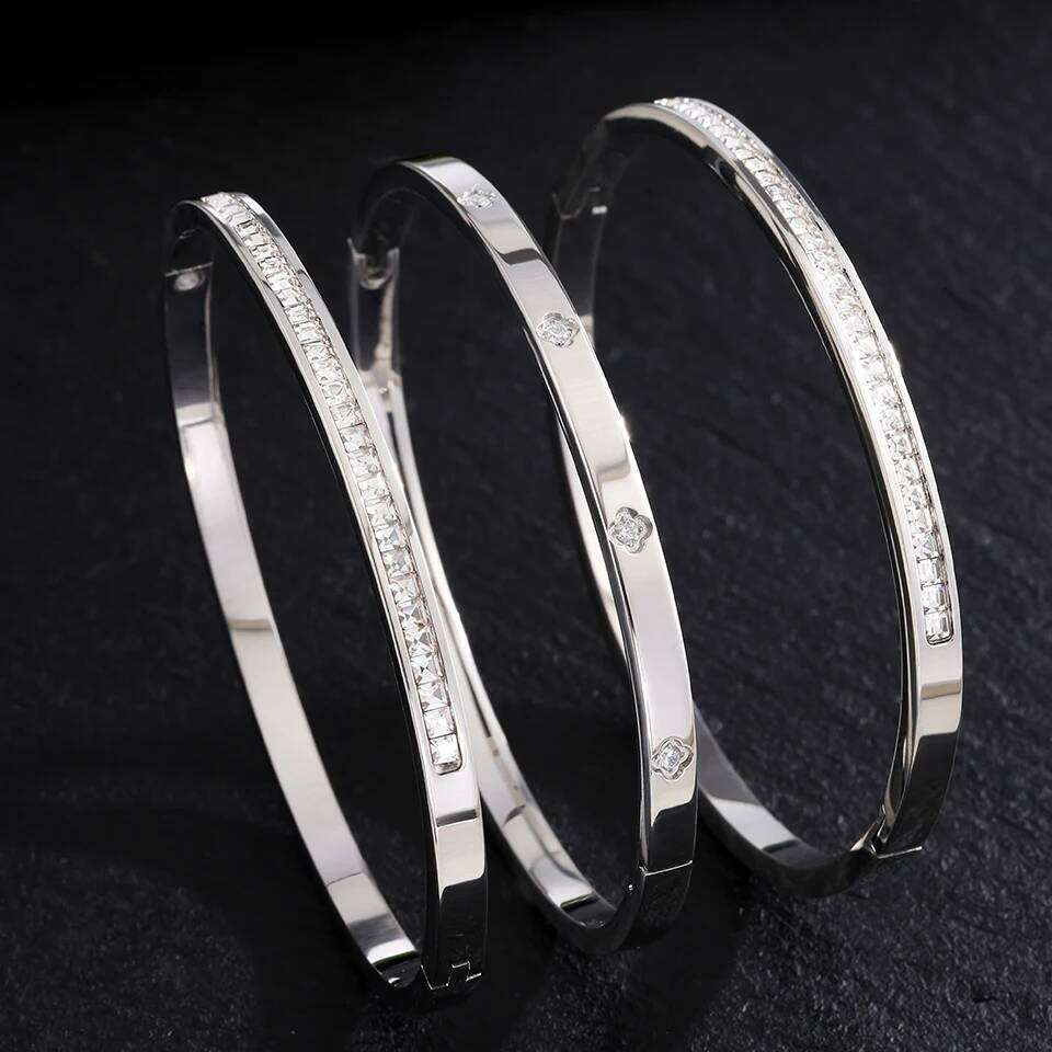 ZAKOL 3pcs Classic Stainless Steel Bracelet for Women Sliver/Gold Color Shiny Zircon Inlaid Non-fading Stacked Jewelry