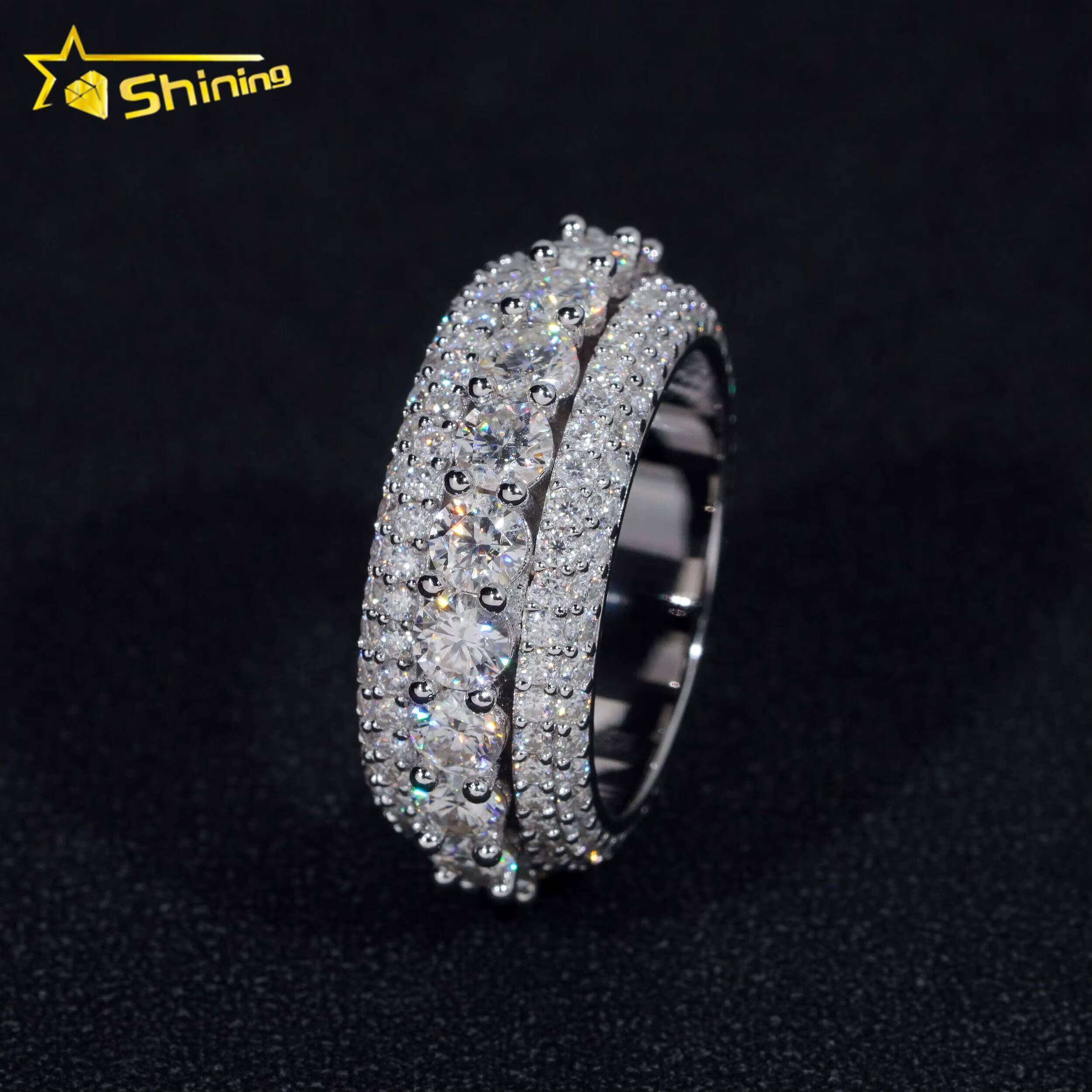 Luxury Rappers Jewelry Gold Plated Solid Inside 925 Sterling Silver Hip Hop Fully Iced Out Moissanite Band Ring