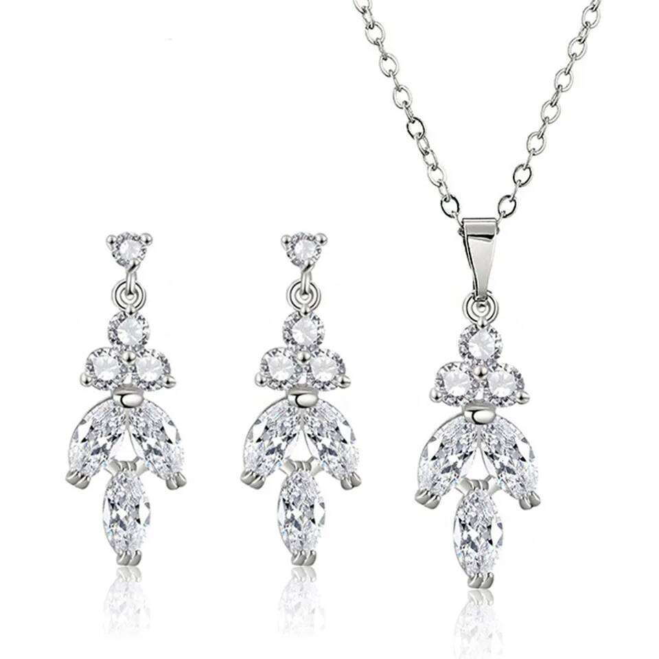 Classic Shinny Cubic Zirconia Leaf Dangle Earrings Necklace Set for Women Elegant Bridal Wedding Party Jewelry Dress
