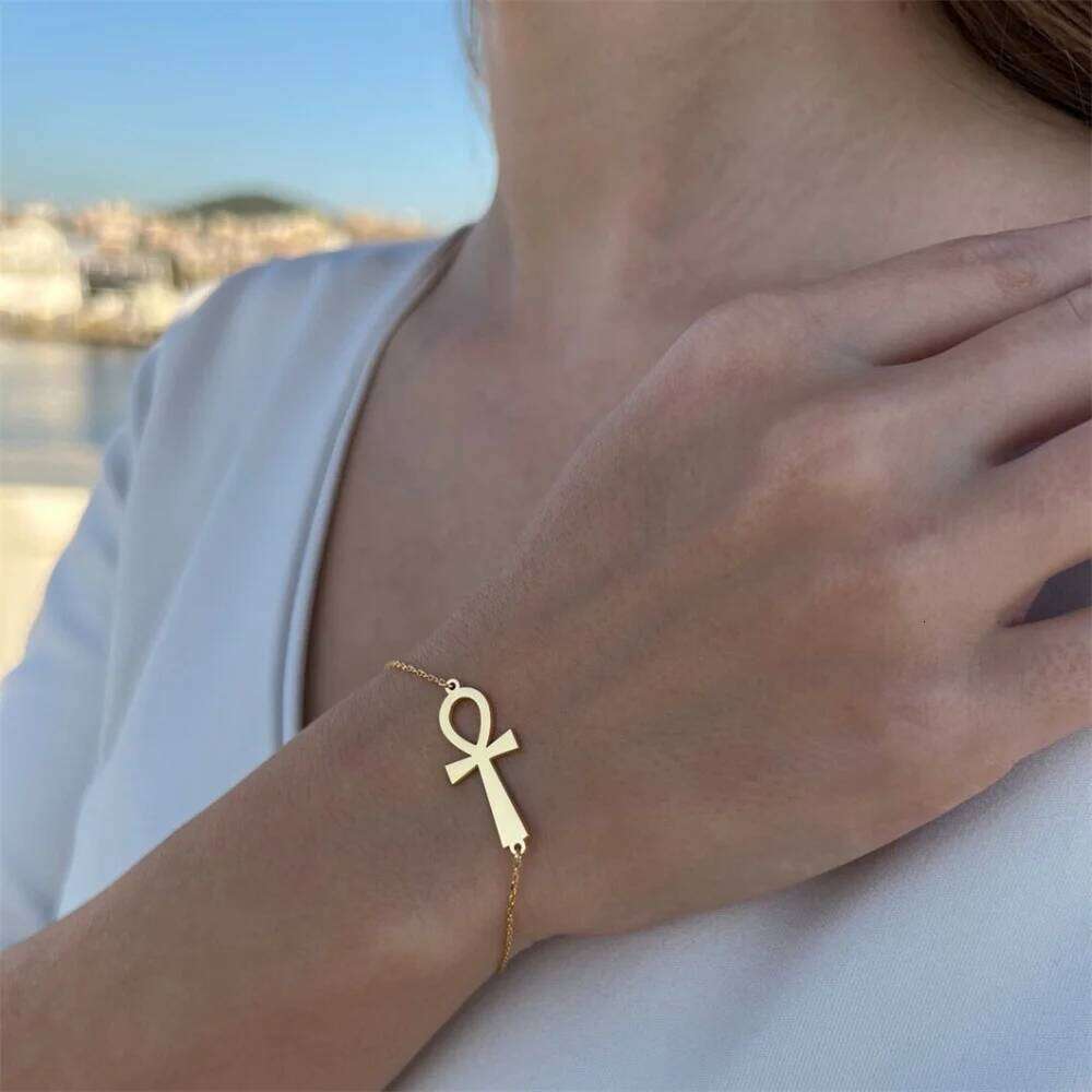 Minimalist Ancient Egypt Ankh Bracelet for Women Gold Color Stainless Steel Cross Wrist Chain Bangle Vintage Egyptian Jewelry 25H1229