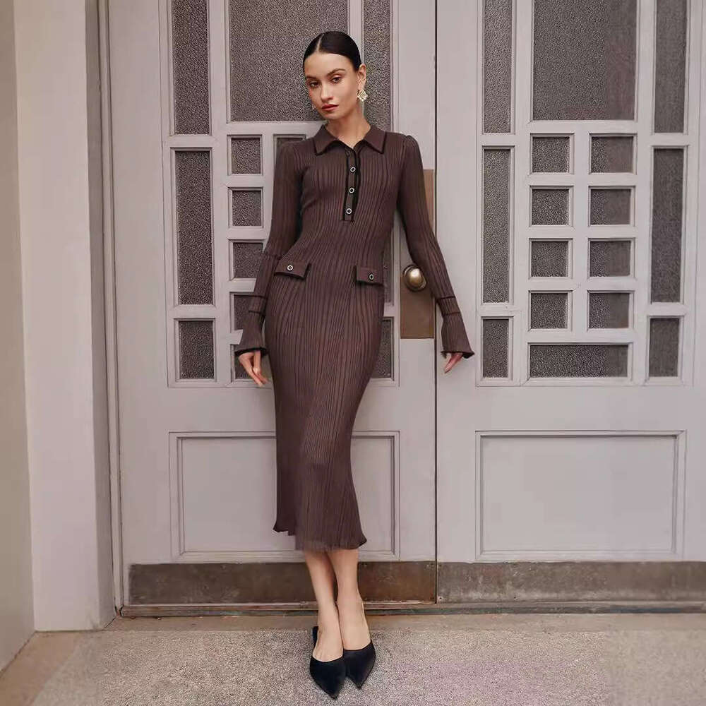 Dress for women French Style Light Luxury Ruffled Knitted 2026 New Autumn Winter Sweater Turn-Down Collar Slim Mid-Length Dress, Office Casual Wear