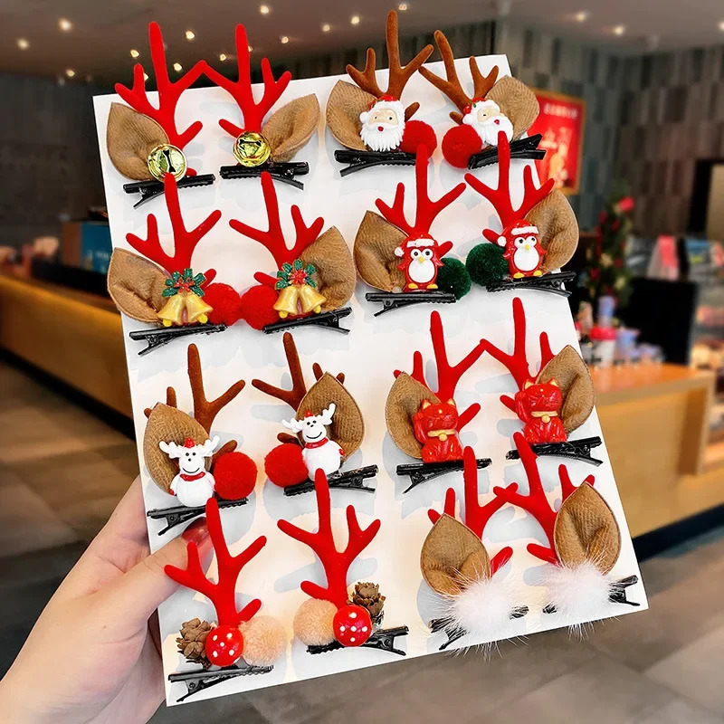 2pcsSet Kawaii Christmas Elk Ear Hair Clip Women Girl Santa Snowman Hairpin Xmas Party Barrettes For Kids Cosplay Headwear 251219