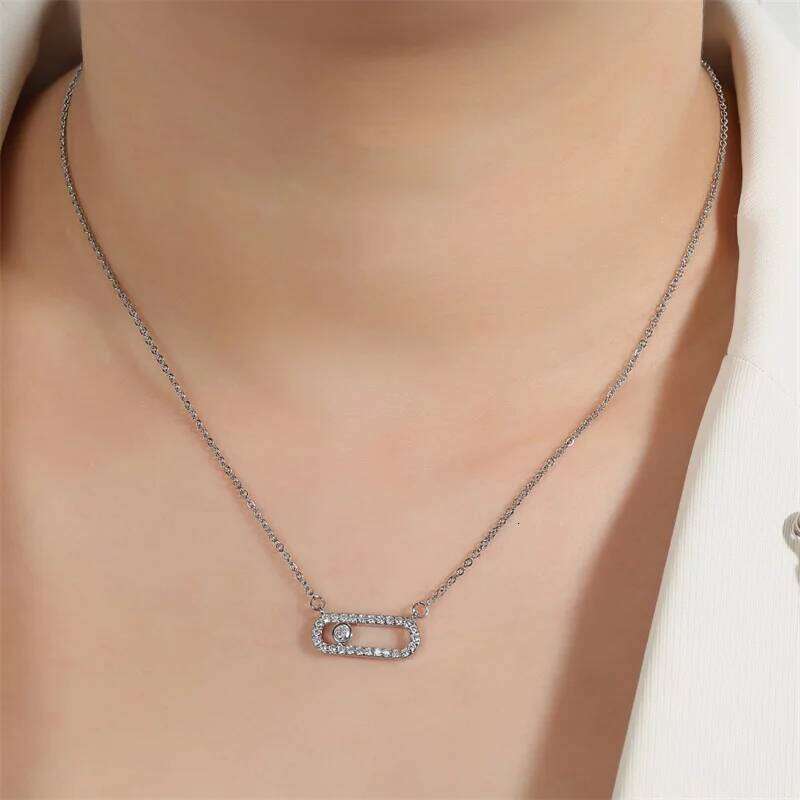 Creative Paper Clip Sided Square Pendant Necklace for Women Single Zircon Double Pin Geometric Necklaces Jewelry Gifts