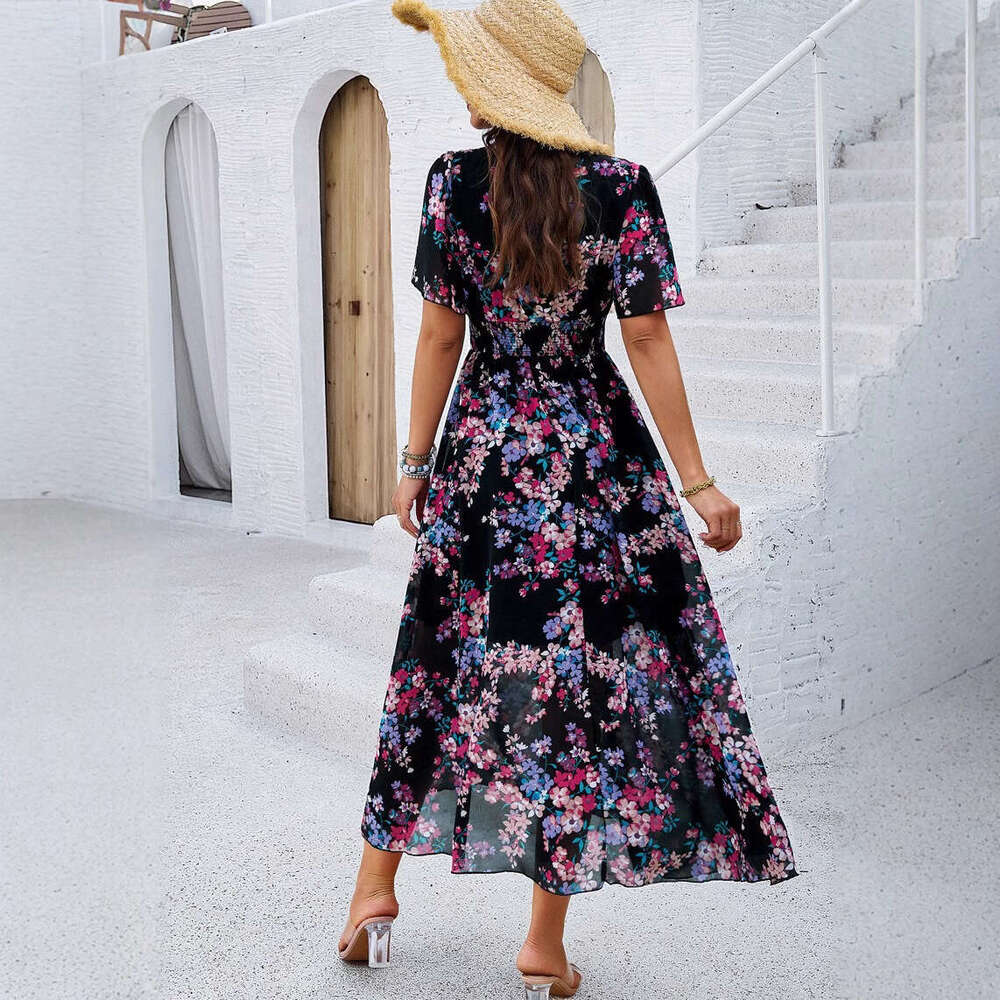 Dress for women Elegant Printed Waist-Cinching Short Sleeve Chiffon Dress, 2026 Spring Summer New European and American Vacation Outfit