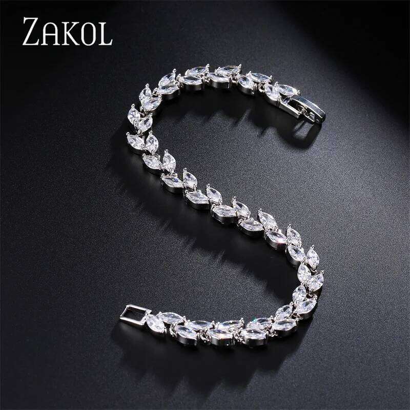 ZAKOL Fashion White Leaf Bracelets Bangles for Women Men Shinny Marquise Cut Cubic Zirconia Bridal Wedding Party Jewelry