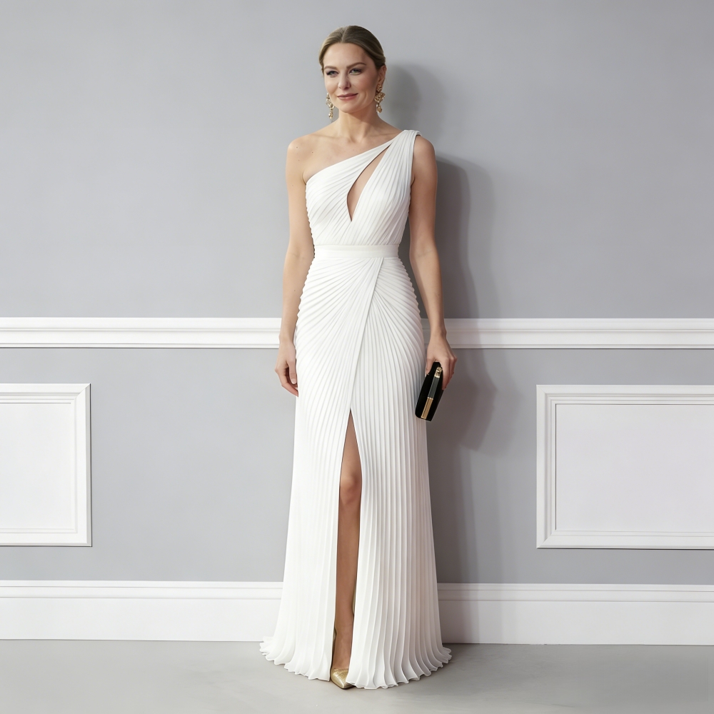 Elegant Pleats Prom Dresses One Shoulder Front Slit Long White Evening Gowns Sleeveless Formal Party Dress For Women 2026