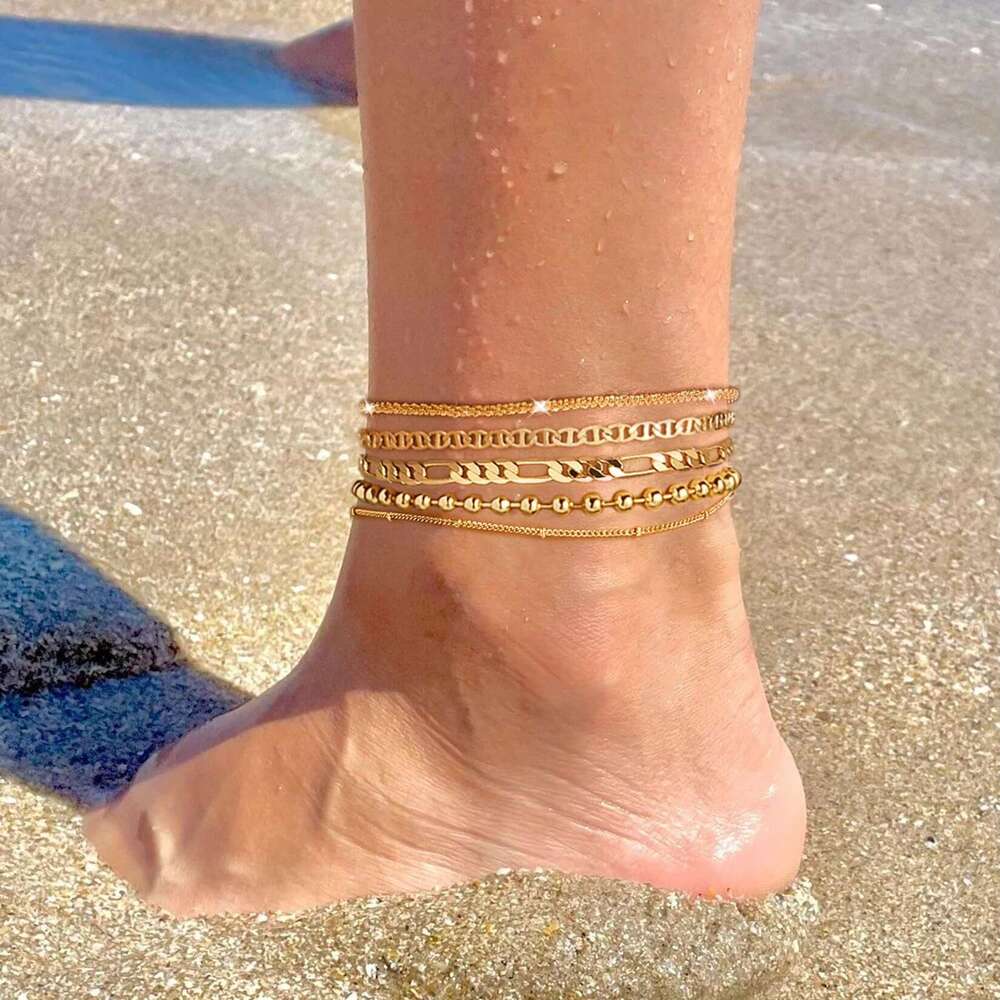 Cross-Border New Waterproof Cuban Tennis Herringbone Beaded Chain Anklet Set Multi-Layer Stacking Package for Women