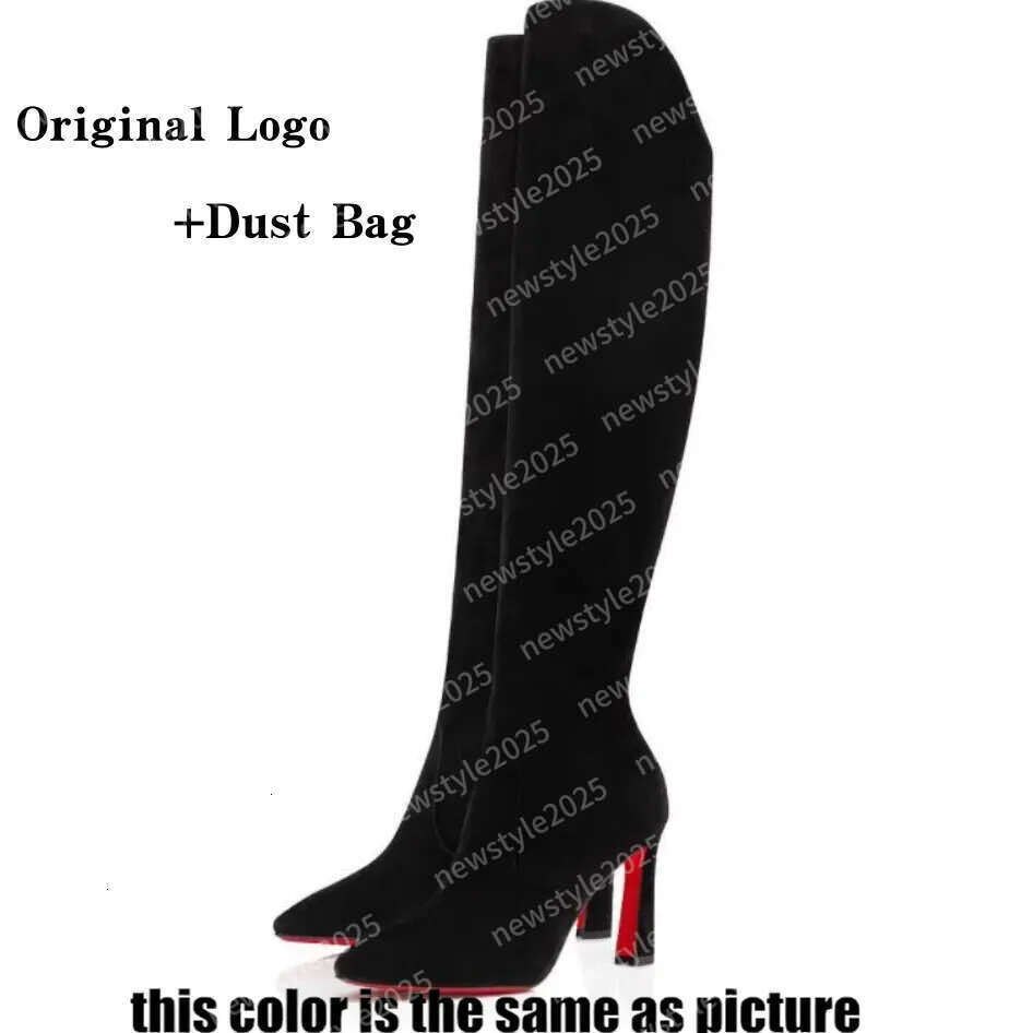 2026 Size 35-43 Designer women Rivet Genuine leather High-heeled mid-tube Denim pointed knee-high boots Heels Dress Suede Red Shiny Bottomboots Stiletto shoes b2