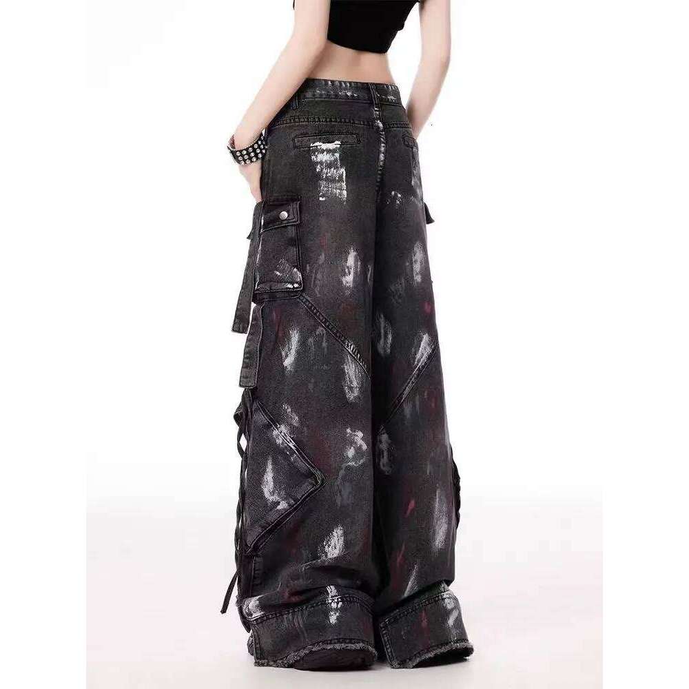 Y2K Harajuku Gothic Multi-Pocket Washed Black Jeans Men And Women 2000s Heavy Industry Drag Street Hip Hop Wide Leg Pants