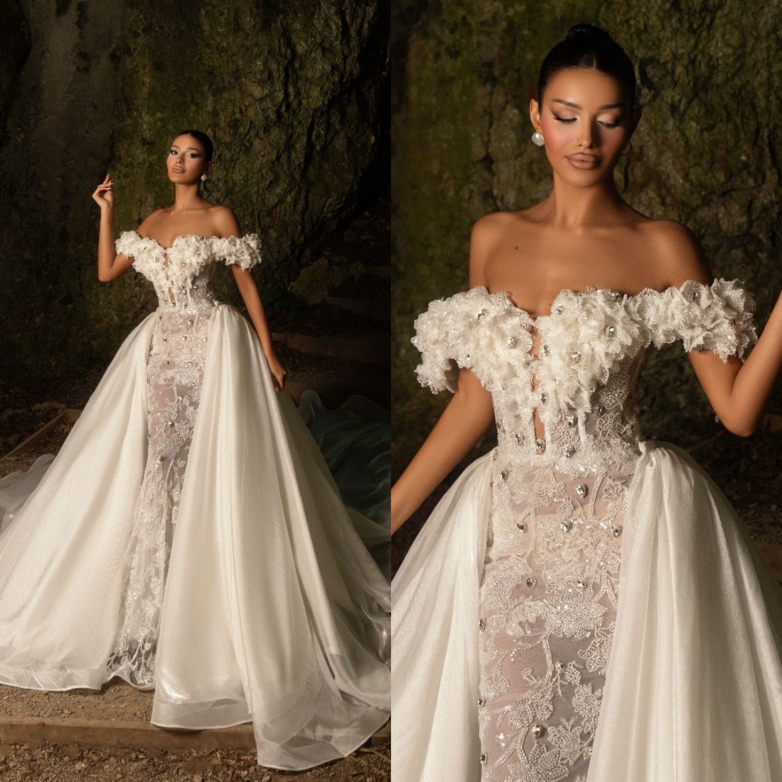Designer Mermaid Wedding Dress Off Shoulder Sleeveless Bridal Gowns Sequins Crystal Beaded Detachable Train Dresses Custom Made vestidos de novia