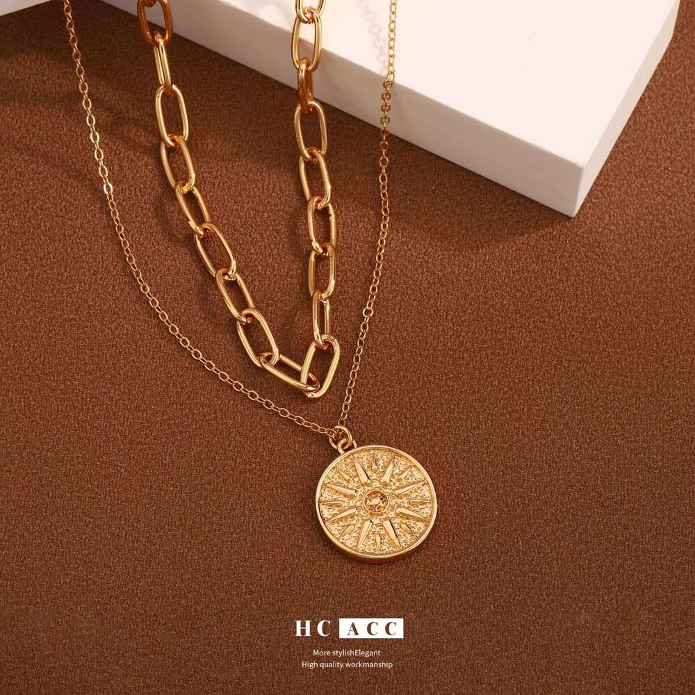 Fashion Retro Style Niche High-End Layered Necklace Sun Design Pendant Copper Gold-Plated Women's Jewelry