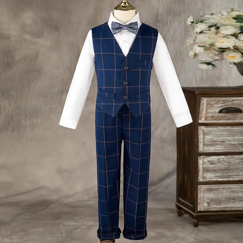 Boys Formal Navy Plaid Suits Set Children Host Piano Performance Birthday Party Pography Costume Kids Blazer Pants 251218