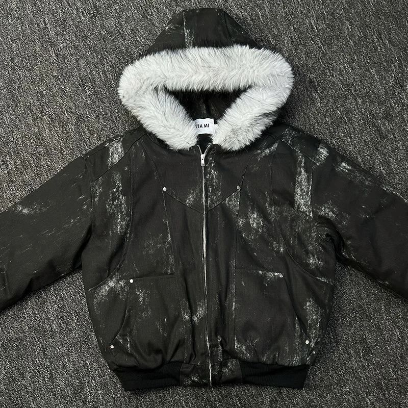 American Fashion Oversized Mountain Carving Thick Tie-dyed Fur Collar Jacket Men Y2K Harajuku Hiphop Coat 251223