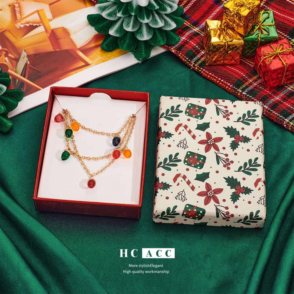 Cross-Border Christmas Lantern Necklace for Women, Niche Colorful Oil Drop Layered Design, High-End Necklace, Collarbone Chain