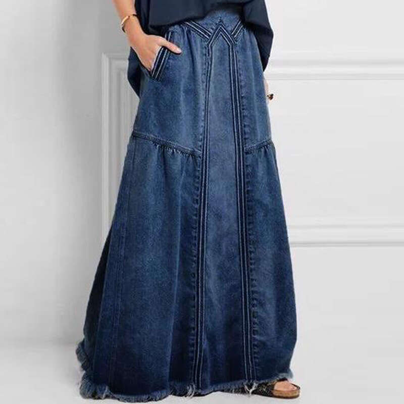 Women's Fashion Autumn Winter Denim A-Line Ribbed Brushed Elastic High Waist Simple Versatile Long Skirt