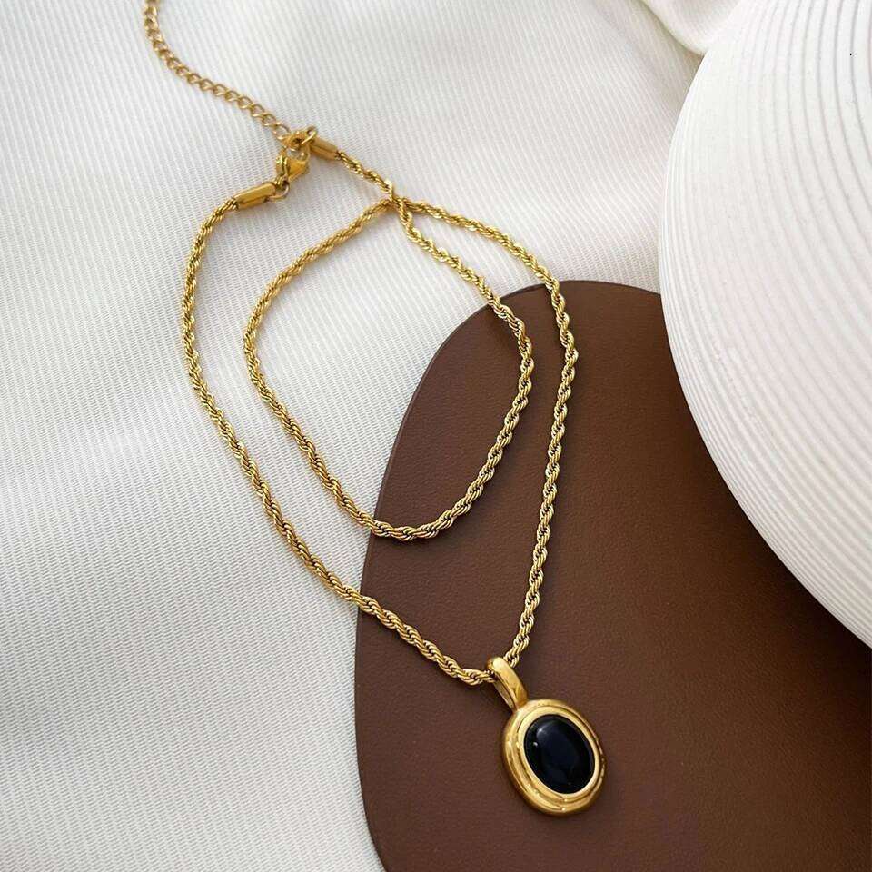 ZAKOL 316L Stainless Steel Oval Black White Stone Pendant Necklace For Women Gold Color Twist Rope Chain Stacking Jewelry