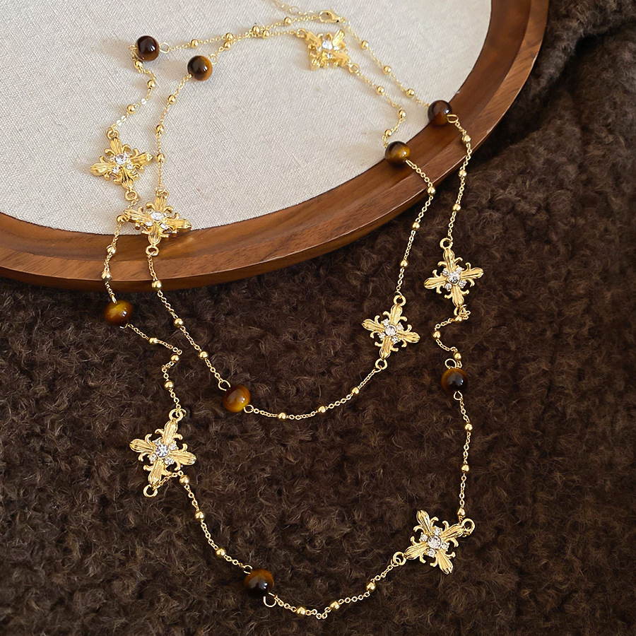 Inlaid Diamond Tiger Eye Stone Cross Necklace Melad Vintage Style Niche Sweater Light Luxury High-end Neck Chain for Women