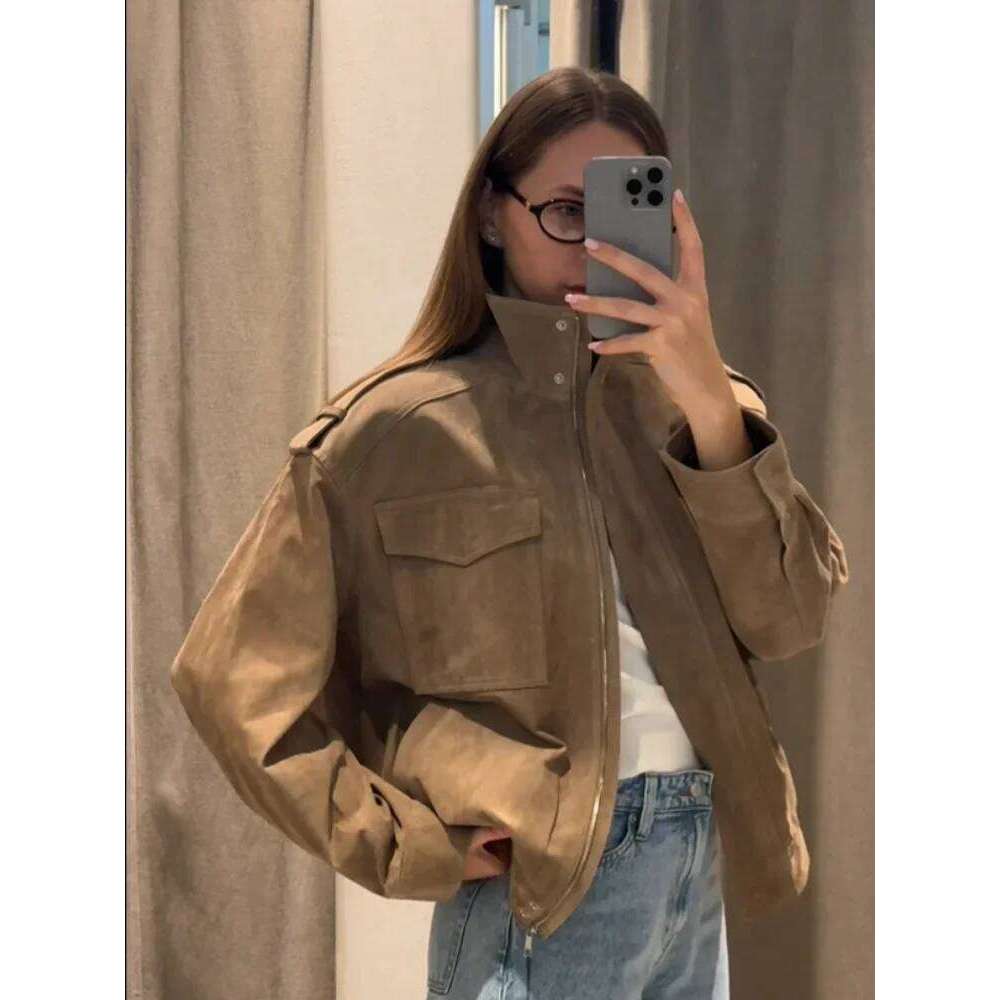 Brown Oversized Suede Women Fashion Long Sleeve Pockets Zipper Loose Bomber Jacket 2025 Winter Lady High Street Outwear