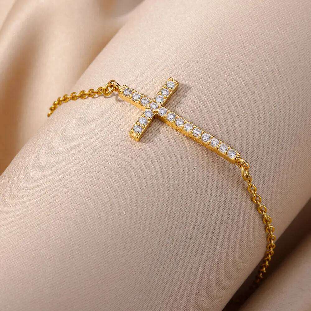 Crystal Bracelets For Women Fashion Gold Plated Stainless Steel Cross Bracelet Vintage Religion Aesthetic Jewelry Gift 25H1229
