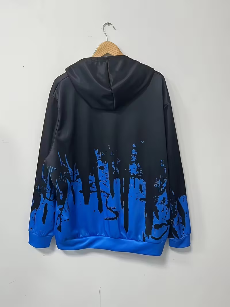 Men's Hooded Sweatshirt - Black & Blue Contrast Color Blocking Letter Print Oversized Casual Streetwear Pullover Hoodie