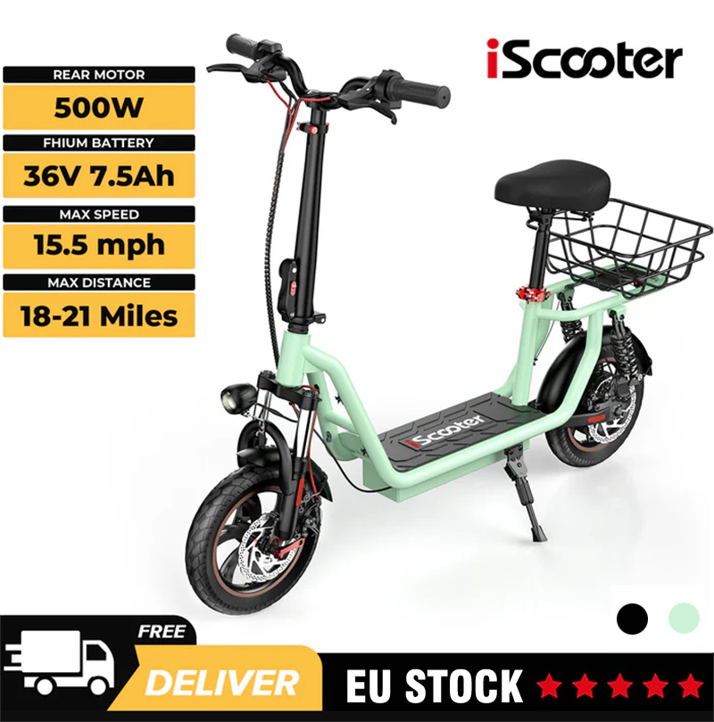 EU Warehouse iScooter i12 500W Electric Scooter 15.6 MPH Max Range 21 Miles Peak 500W Motor 36V 7.5 AH Electric Scooter With Seat & Carry Basket