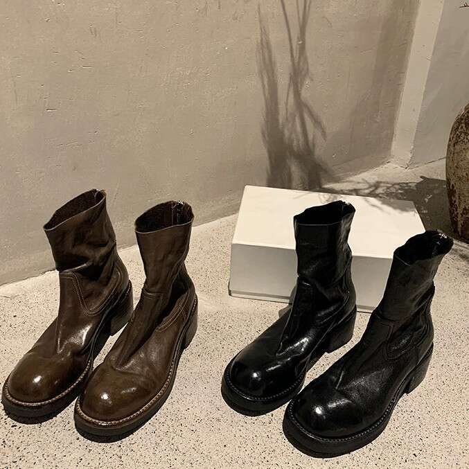 Winter New Huizhou Martin for Women Retro Heel Thick Sole Slim Washed Horse Leather Pattern Short Warm Women's Boots