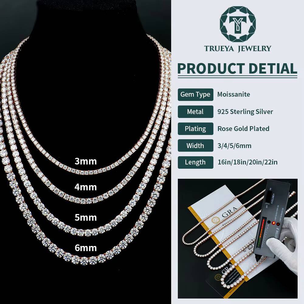 Hiphop Moissanite Tennis Chain Necklace Iced Out 3mm 4mm 5mm 6mm 925 Sterling Silver Rose Gold Color Bling Rapper Necklace