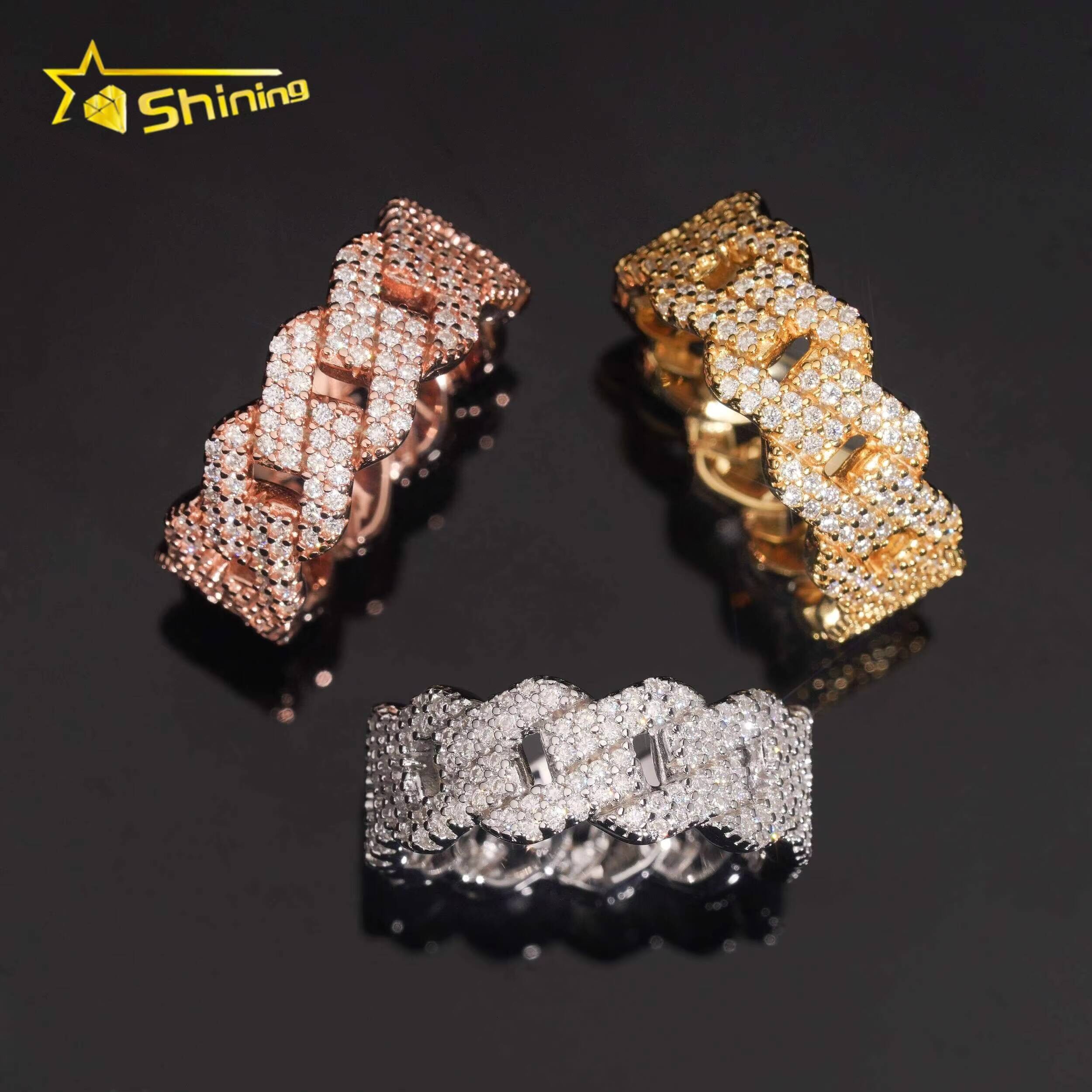 Ready to Ship Pass Diamond Tester 925 Silver Cuban Ring Gold Plated Hip Hop Moissanite Rings