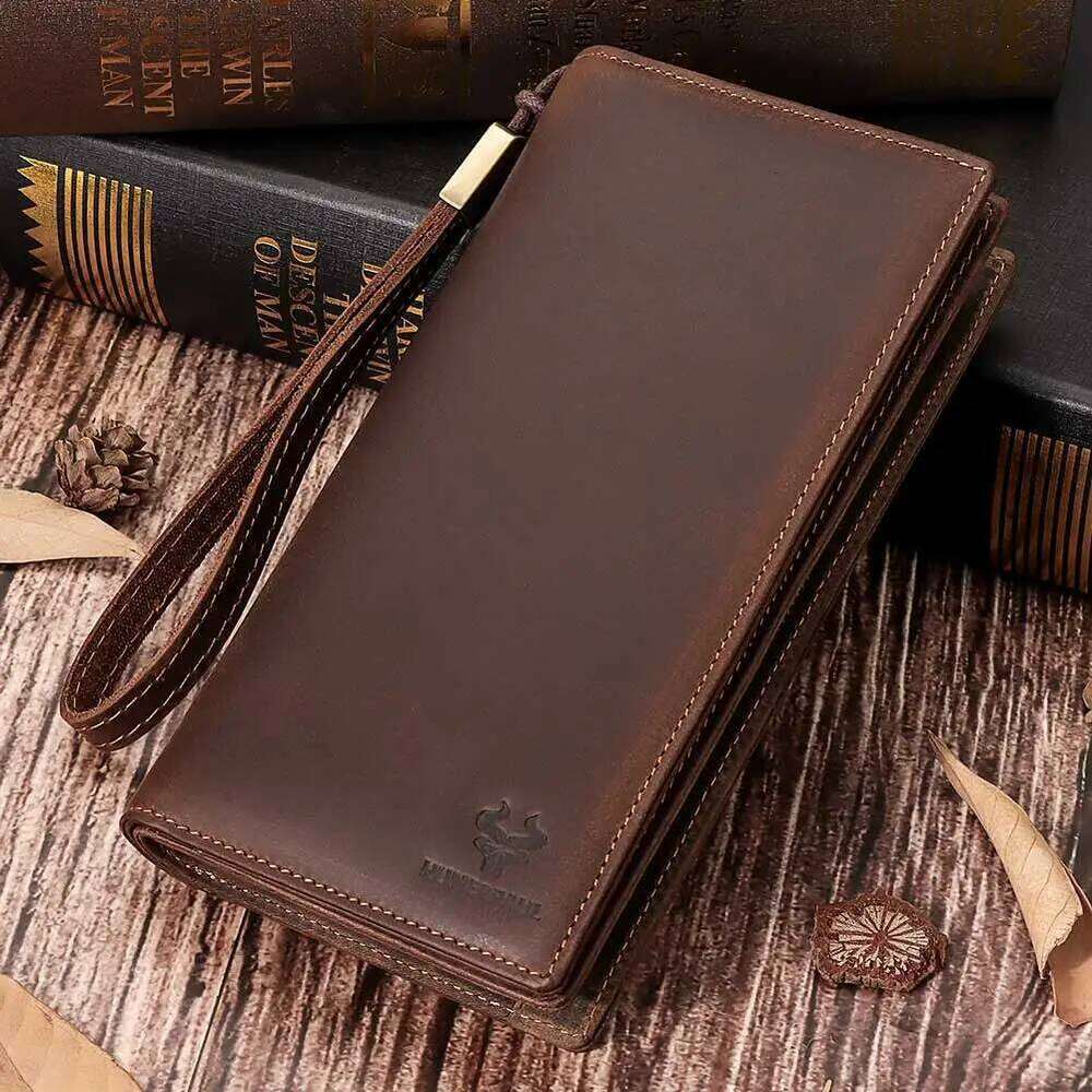 Full Grain Leather Wallet For Men Long Clutch With Cell Phone Pocket Multifunctional RFID Credit Card Holder Handbags JINXIANGGUO