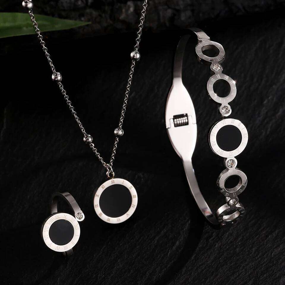 ZAKOL 3Pcs Fashion Roman Numerals Bracelet Ring Necklace Sets for Women Black Shell Hollow Circle Inlaid Zircon Jewelry Gift