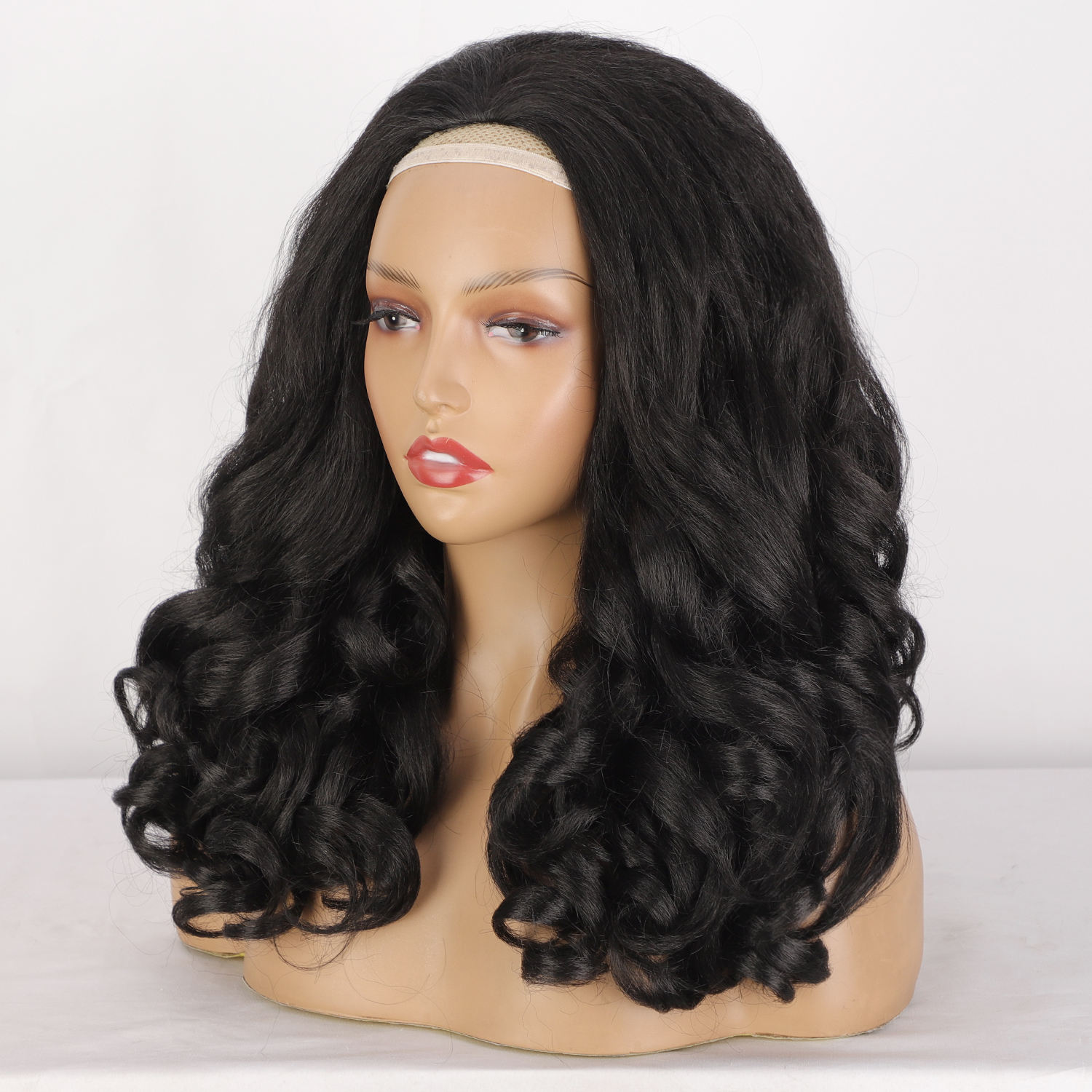 Short wave heat resistant synthetic wig, black, women's natural black headband curly wig, wholesale at affordable prices