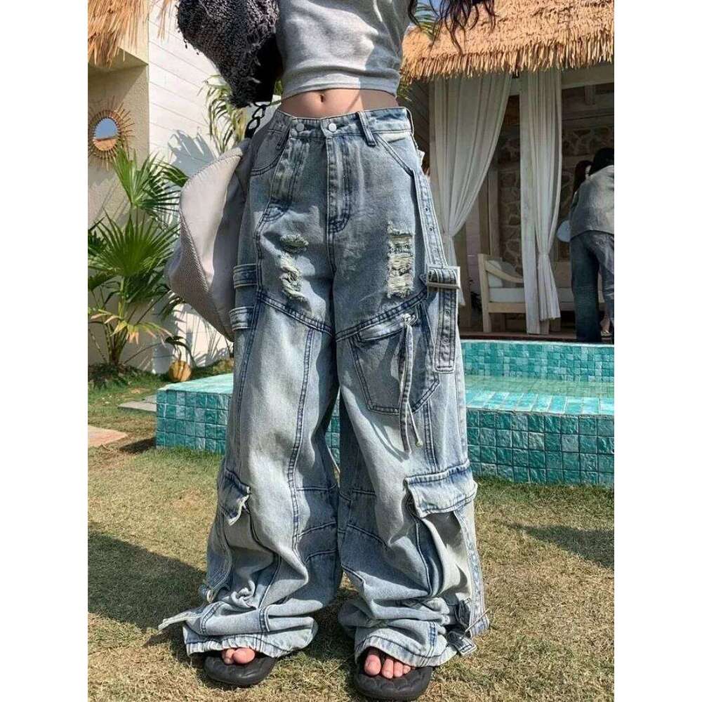American Fashion Trends Joker Tooling Pocket Baggy Female Street Y2K New Hip Hop Oversized Wide-leg Pants Unisex Jeans