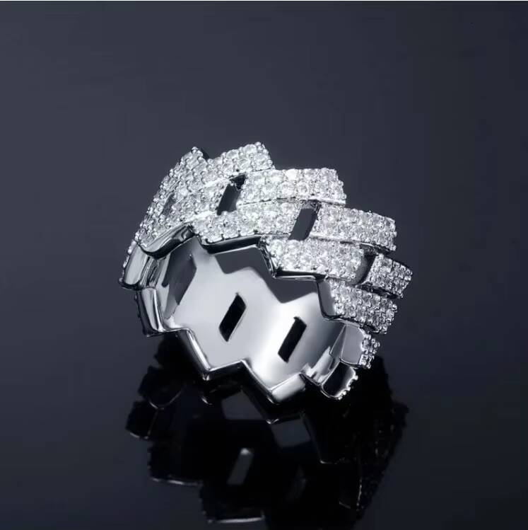 YuyingGems VVS Moissanite Iced 925 Silver Gold Plated Prong Cuban Ring Third Party Certified